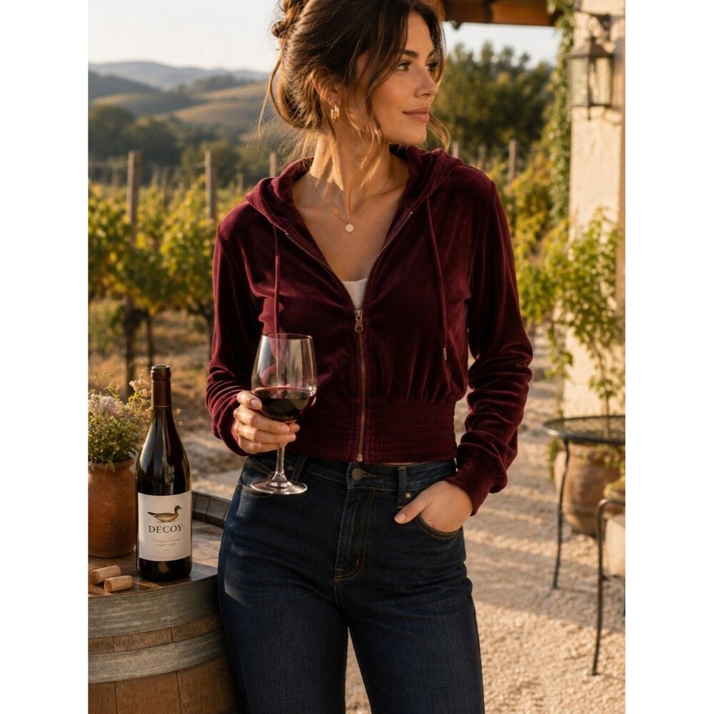 Anthropologie Merlot Velour Zip Hoodie L Jacket Activewear Athleisure Casual Vel